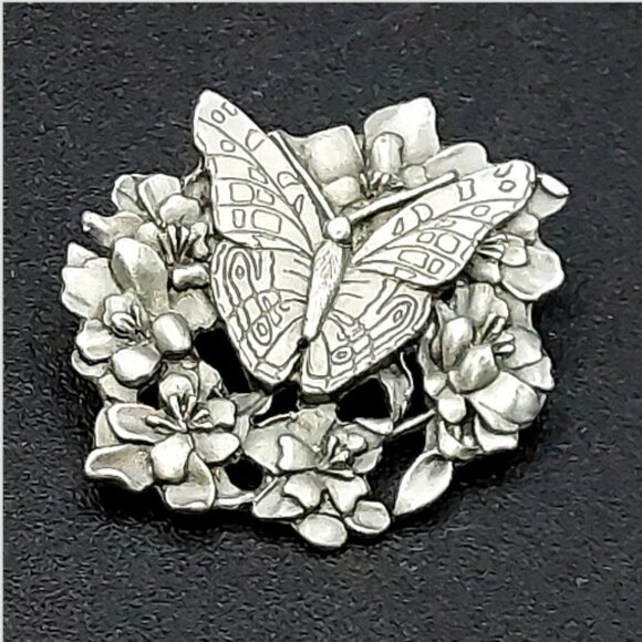 Vintage BIRDS & BLOOMS Butterfly & Flowers Nest Pewter Brooch Pin  silver tone - Picture 1 of 4